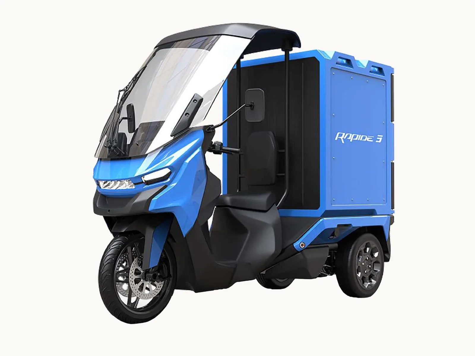藍色 Rapide3 三輪運輸車，前方騎乘座艙、後方方形貨箱