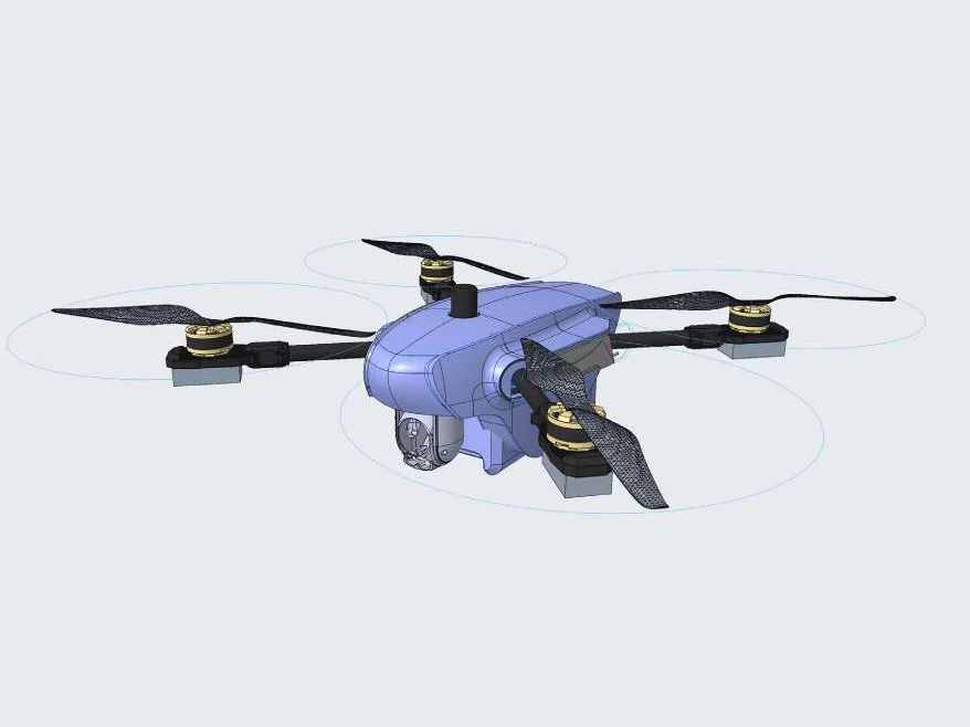 REI 無人機的 3D 模型渲染，藍色機身與四個旋翼