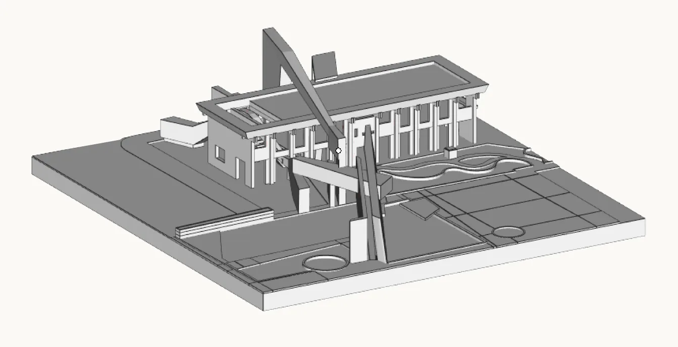 文具組合起來的建築模型灰色渲染圖