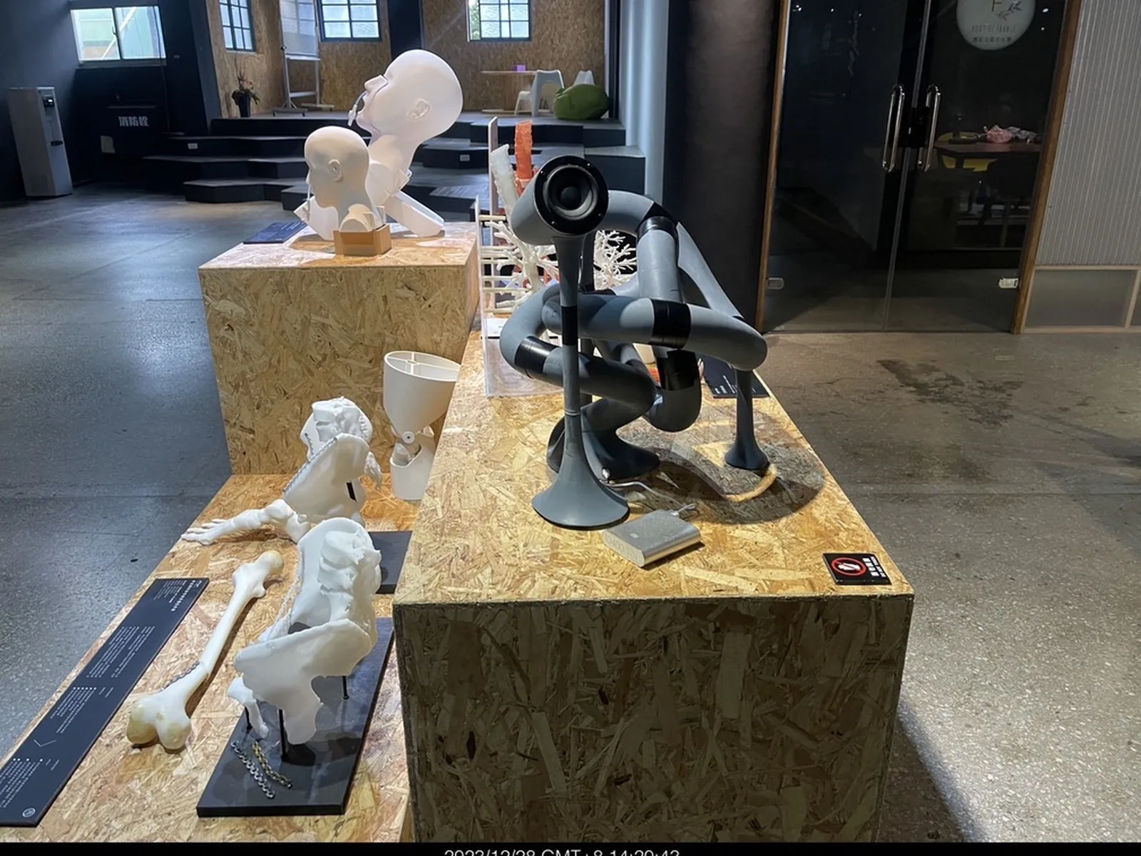 木質展示台上的 3D 列印作品,包括骨骼模型與深灰色結構件